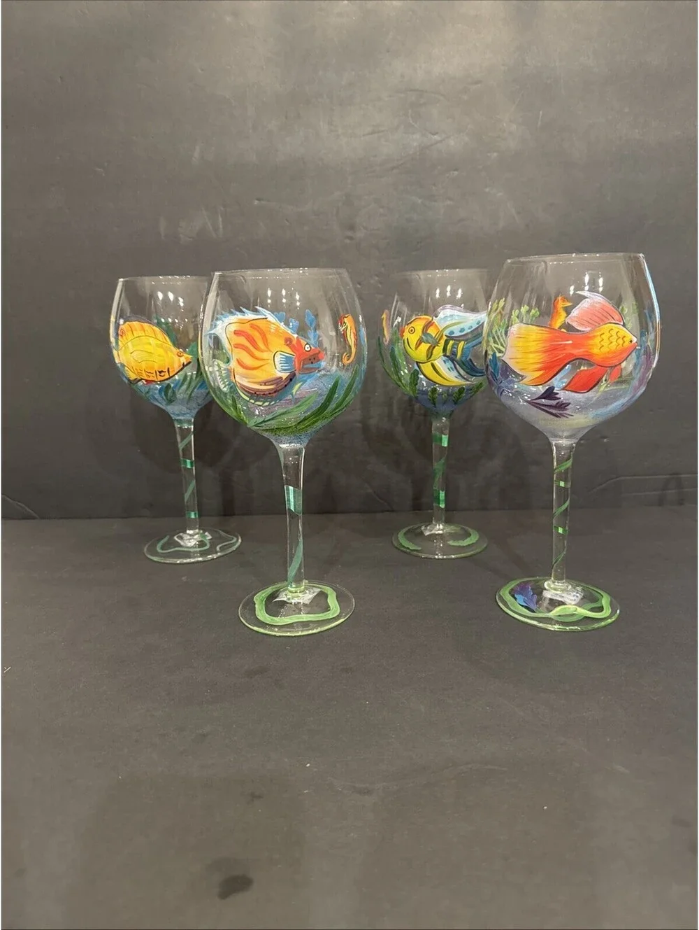 New (4) Hand Painted Tropical Fish Wine Glasses Coastal Beach Nautical 8.5” H